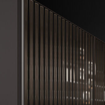 Distinguished Ozzio Italia Alfetta sideboard crafted in dark brown wood with ribbed glass doors and bronze aluminum finish