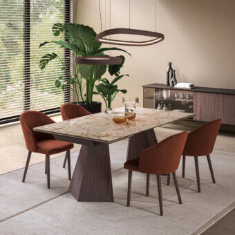 Exceptional Ozzio Italia Axel table with warm beige and golden ceramic tabletop and dark brown striated wooden base crafted with a glossy finish
