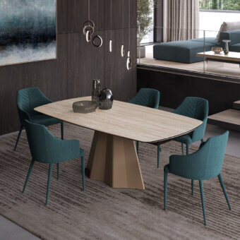 Superior Ozzio Italia Cupido table with a light ceramic top and darker metal base in a smooth matte finish