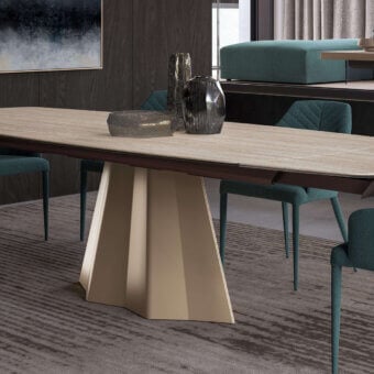 Exceptional Ozzio Italia Cupido table with neutral ceramic and geometric pale beige metal base in a matte finish