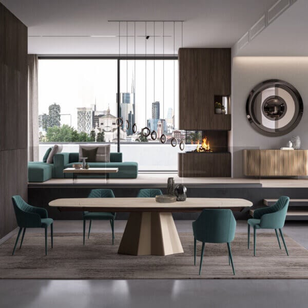 Dining table with marble top and gold base, teal quilted chairs, modular sofa, wood cabinetry, fireplace, city view.