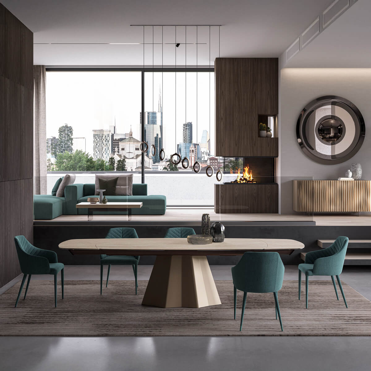 Dining table with marble top and gold base, teal quilted chairs, modular sofa, wood cabinetry, fireplace, city view.