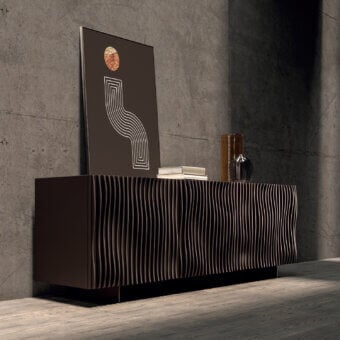 Distinguished Ozzio Italia Onda sideboard crafted in lacquered wood with a dynamic textured front and integrated base