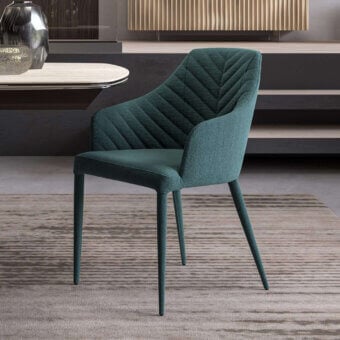 Elegant Ozzio Italia Regiorgio armchair upholstered in teal Tango fabric and soft eco-leather nabuk with satin-finish metal legs