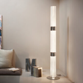 Superior Slamp La Lollo floor lamp with slender silhouette in milky white Lentiflex®, Lentiflex® with cold foil and Opalflex® body with polished steel accents