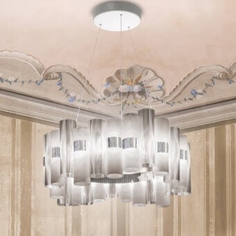 Distinguished Slamp La Lollo suspension lamp with lightweight technopolymer cylinders in silvery gray Lentiflex® and textured surface