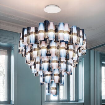 Captivating Slamp La Lollona suspension lamp with translucent cylinders in blue, beige, and gray Lentiflex® and Opalflex®