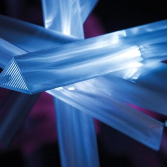 Distinguished Slamp La Traviata suspension lamp in cool pale blue Lentiflex® and methacrylate with a glossy sheen