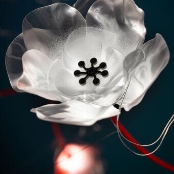 Distinguished Slamp Poppy suspension lamp crafted in white and peach Lentiflex® technopolymer with red brass stems and silver-plated copper wires