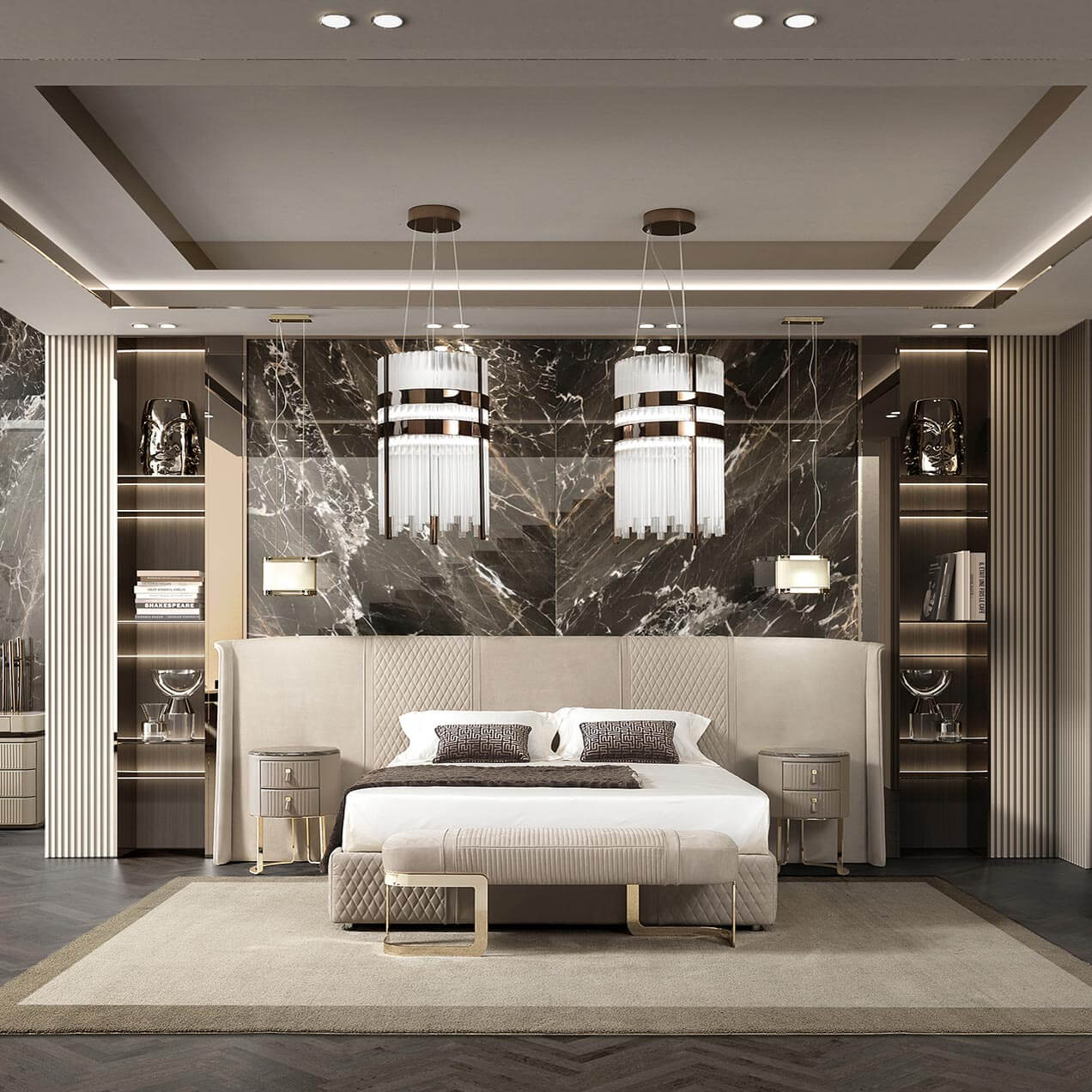 Platform bed, beige upholstery, quilted headboard with gold nightstands, dark marble wall, pendant lights, and stacked books.