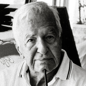 René Gruau portrait, black and white photograph, elderly man with pipe, striped polo shirt, blurred studio background, abstract painting.