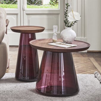 Captivating Porada Jig side table with reddish-purple hand-blown Murano glass base and smooth canaletta walnut tabletop