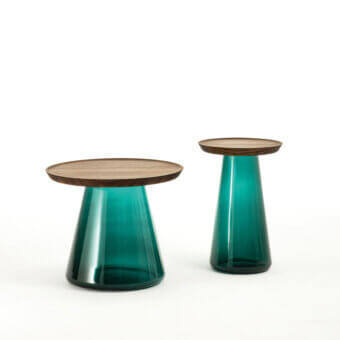 Distinguished Porada Jig side table with teal blown glass and solid canaletta walnut tabletop in satin finish