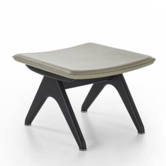 Refined Porada Koko ottoman with Canaletta walnut frame and light grey-green textile upholstery built with sleek black chrome metal feet