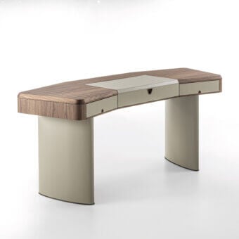 Distinguished Porada Moty vanity desk crafted with solid canaletta walnut and fine leather upholstery exhibiting integrated drawers with a soft finish