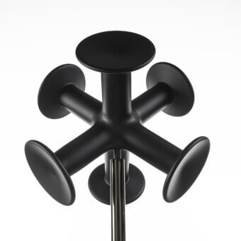 Exclusive Porada Nodo coat rack with geometric silhouette crafted in black finished solid ash wood and metal