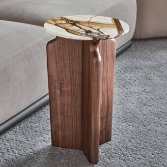Distinguished Porada Podi side table with organically shaped canaletta walnut base and warm amber marble top in satin finish