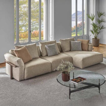 Superior Porada Ronny sectional upholstered in neutral beige woven fabric with a solid wood frame and quilted detailing