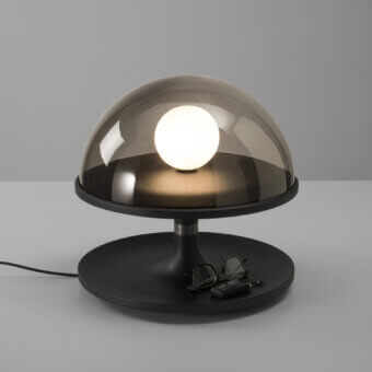 Superior Porada Tack table lamp crafted in Canaletta walnut with brushed bronzed brass and transparent smoked glass diffuser