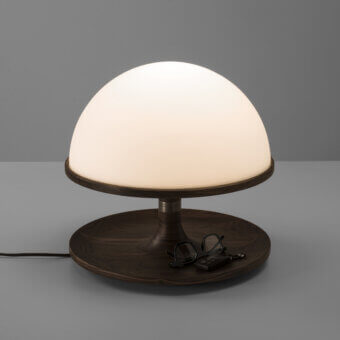 Elegant Porada Tack table lamp crafted in Canaletta walnut with brushed bronzed brass accents and satin finish