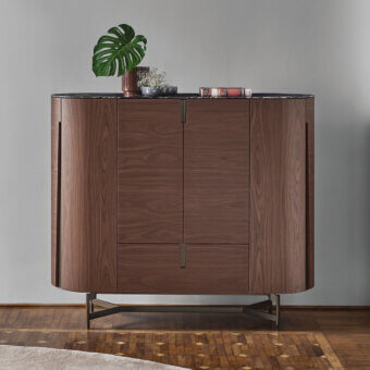 Superior Porada Tylsa bar cabinet crafted from Canaletta walnut with satin finish and back-painted “Brillo” glass top with Cuoietto leather