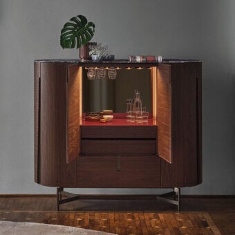 Elegant Porada Tylsa bar cabinet crafted in Canaletta walnut with satin finish and back-painted “Brillo” glass