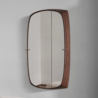 Distinguished Porada Vico mirror crafted in solid Canaletta walnut with satin finish revealing smoked glass shelves and Champagne metal accents