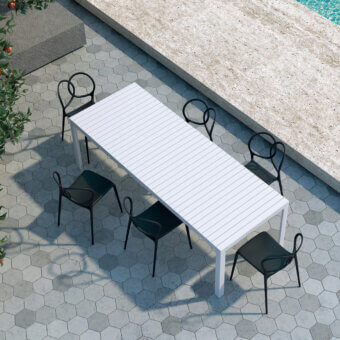 Exceptional Driade Kalimba table crafted in extruded aluminum with a white polyester powder-coated slatted top