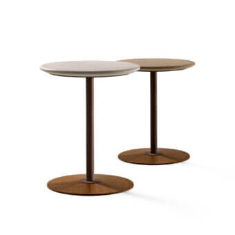 Distinguished Giorgetti Magica side table with Canaletto walnut base and light neutral leather top, contrasted by bronze-painted metal column