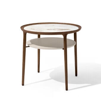 Elegant Giorgetti Romeo side table crafted with Canaletto walnut, polished marble and soft leather surfaces