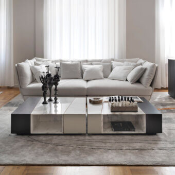 Superior Giorgetti Scaleno coffee table built with cool marble, supple leather, and warm ash wood with polished and matte finishes