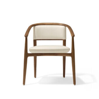 Distinguished Giorgetti Sinbad armchair with sculpted Canaletto walnut frame and light beige textile upholstery with satin finish