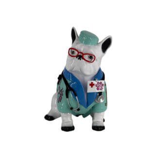 Distinctive Juliarte Bulldog Parade sculpture crafted in stone powder and fiberglass with glossy white and teal accents