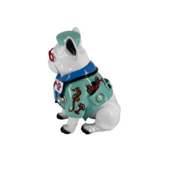 Exceptional Juliarte Bulldog Parade sculpture crafted in stone powder and fiberglass with glossy white finish and nautical details