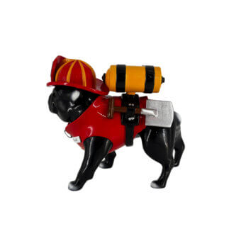 Exceptional Juliarte Bulldog Parade sculpture handcrafted in stone powder and fiberglass with glossy black finish and vibrant red accents