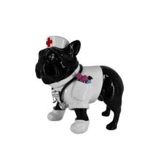 Luxury Juliarte Bulldog Parade sculpture crafted in stone powder and fiberglass with glossy black and white finish