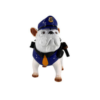Exceptional Juliarte Bulldog Parade sculpture crafted in composite with glossy white and dark blue detailing plus orange accents