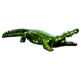 Luxury Juliarte Crocodile sculpture handcrafted from stone powder and fiberglass with a vibrant green chrome finish