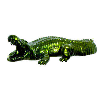Distinguished Juliarte Crocodile sculpture handcrafted from stone powder and fiberglass in vibrant green chrome finish with textured detailing