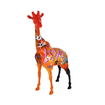 Distinguished Juliarte Giraffe sculpture handcrafted with a glossy reddish-orange to yellow-orange gradient and colorful markings