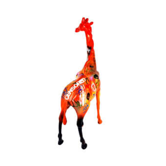 Exclusive Juliarte Giraffe sculpture handcrafted with stone powder and fiberglass in vibrant orange, yellow, and black with a glossy finish