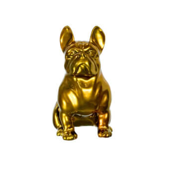 Distinguished Juliarte Seated Bulldog sculpture crafted with stone powder and fiberglass in a lustrous golden chrome finish
