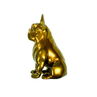 Distinguished Juliarte Seated Bulldog sculpture crafted with stone powder and fiberglass in vibrant gold chrome finish with artist signature