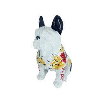 Exceptional Juliarte Seated Bulldog sculpture crafted in stone powder and fiberglass with vivid flame patterns and glossy finish
