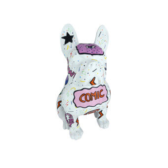 Superior Juliarte Seated Bulldog sculpture hand-painted with comic-book illustrations in glossy white stone powder and fiberglass