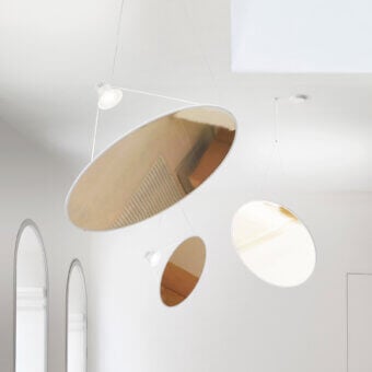 Distinguished Luceplan Amisol suspension lamp in light grey aluminum with translucent white polycarbonate diffusing intense illumination