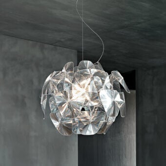 Exceptional Luceplan Hope suspension lamp with thin methacrylate Fresnel lenses and a bright silver finish