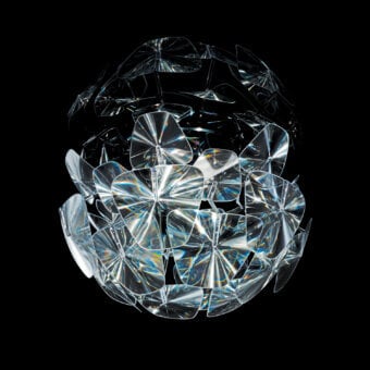 Captivating Luceplan Hope ceiling lamp crafted in transparent polycarbonate and polished stainless steel with iridescent tones