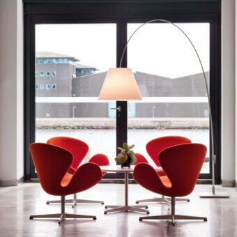 Superior Luceplan Lady Costanza floor lamp with a satin aluminum structure and silkscreened polycarbonate lampshade
