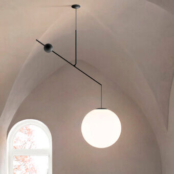 Captivating Luceplan Malamata suspension lamp crafted in steel with a frosted blown-glass diffuser and smooth matte black finish